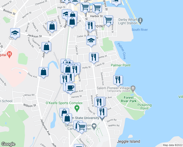 map of restaurants, bars, coffee shops, grocery stores, and more near 259 Lafayette Street in Salem