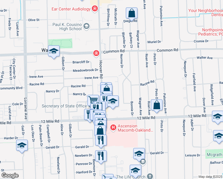 map of restaurants, bars, coffee shops, grocery stores, and more near 29462 Hoover Road in Warren
