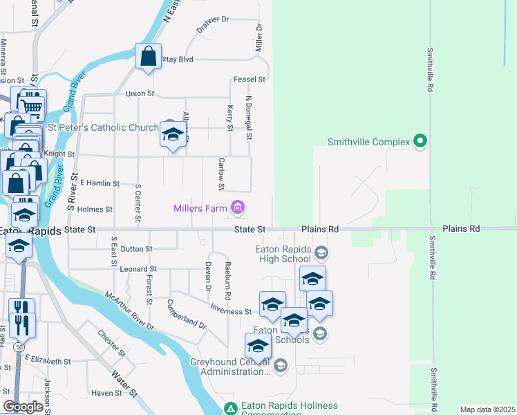 map of restaurants, bars, coffee shops, grocery stores, and more near 300 South Miller Drive in Eaton Rapids