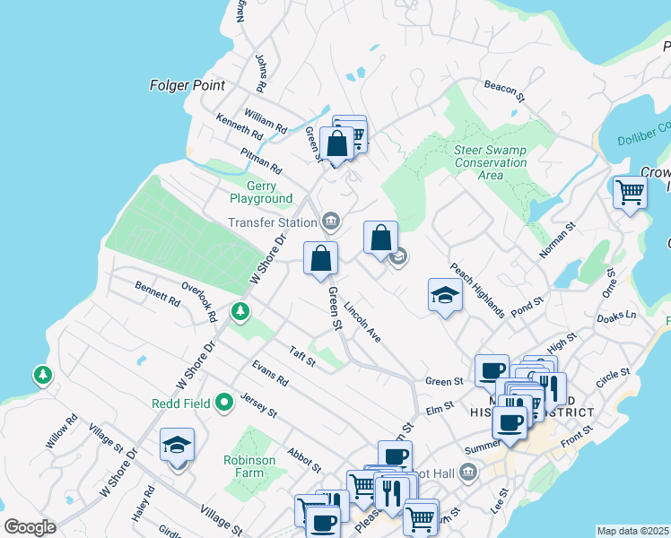 map of restaurants, bars, coffee shops, grocery stores, and more near 111 Green Street in Marblehead