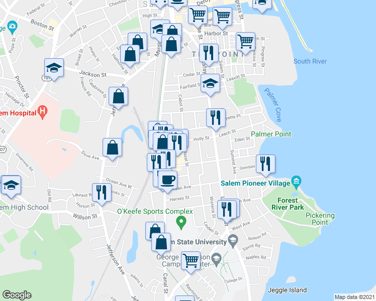 map of restaurants, bars, coffee shops, grocery stores, and more near 20 Hazel Street in Salem
