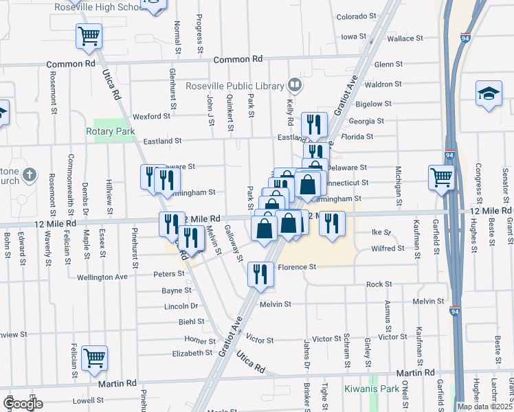 map of restaurants, bars, coffee shops, grocery stores, and more near 18513 Twelve Mile Road in Roseville