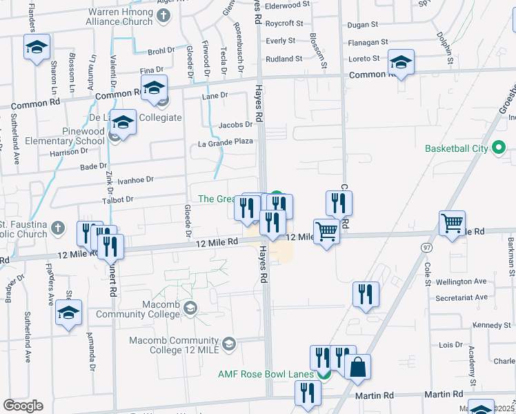 map of restaurants, bars, coffee shops, grocery stores, and more near 29133 Gloede Drive in Warren