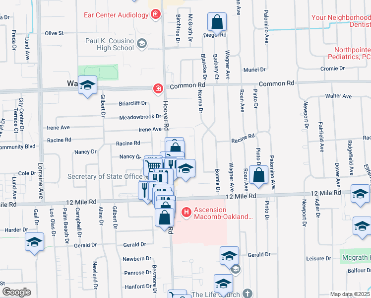 map of restaurants, bars, coffee shops, grocery stores, and more near 29462 Hoover Road in Warren