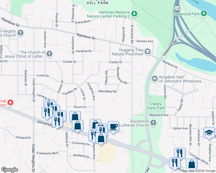 map of restaurants, bars, coffee shops, grocery stores, and more near 1930 Wembley Road in Waterloo
