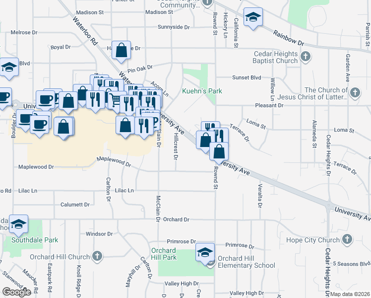 map of restaurants, bars, coffee shops, grocery stores, and more near 3120 Hillcrest Drive in Cedar Falls