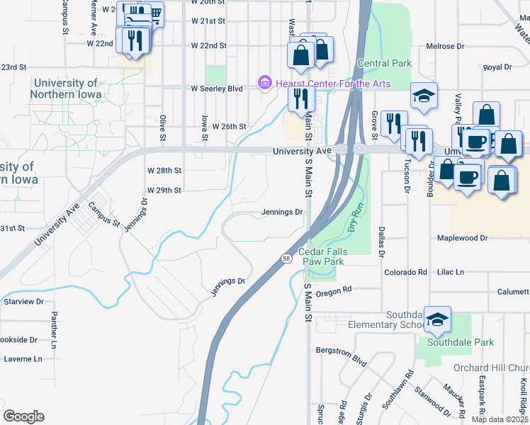 map of restaurants, bars, coffee shops, grocery stores, and more near 3025 South Main Street in Cedar Falls