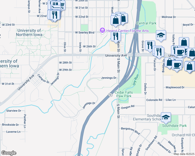 map of restaurants, bars, coffee shops, grocery stores, and more near 3025 South Main Street in Cedar Falls