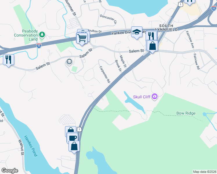 map of restaurants, bars, coffee shops, grocery stores, and more near 275 Broadway in Lynnfield