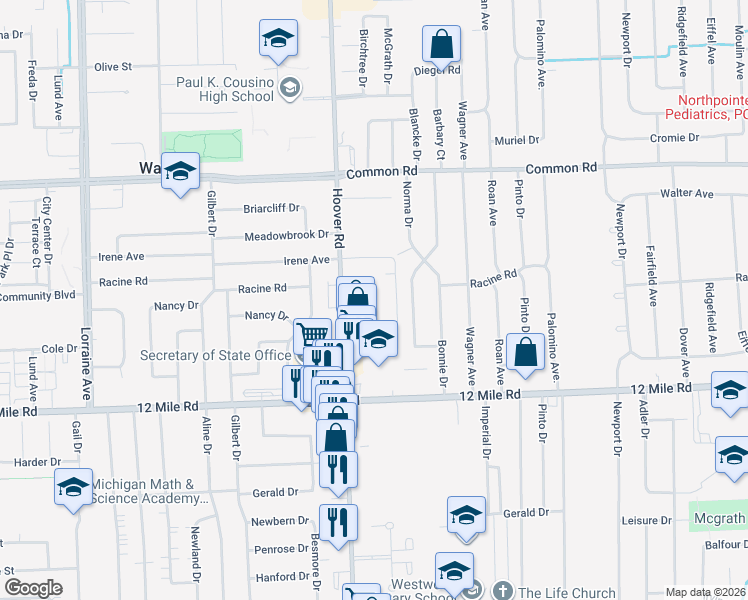 map of restaurants, bars, coffee shops, grocery stores, and more near 29462 Hoover Road in Warren