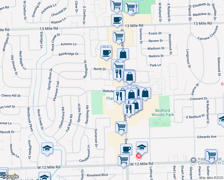 map of restaurants, bars, coffee shops, grocery stores, and more near 18251 Webster Avenue in Southfield