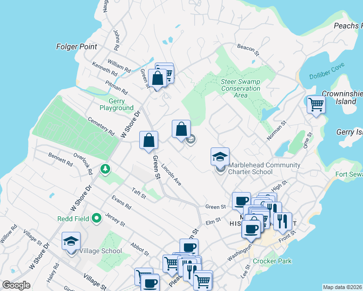 map of restaurants, bars, coffee shops, grocery stores, and more near 35 Tioga Way in Marblehead