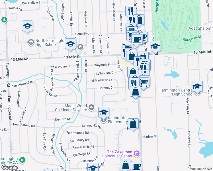 map of restaurants, bars, coffee shops, grocery stores, and more near 31796 Coronet Drive in Farmington Hills