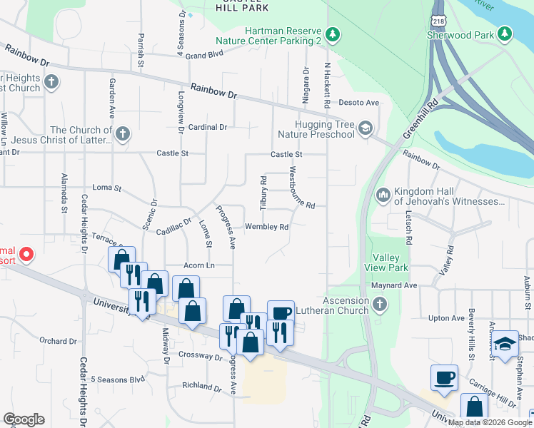 map of restaurants, bars, coffee shops, grocery stores, and more near 1930 Wembley Road in Waterloo