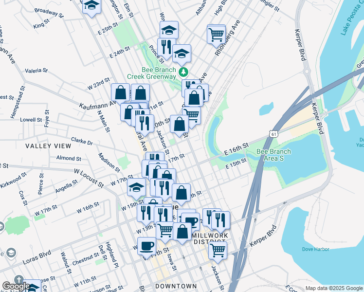 map of restaurants, bars, coffee shops, grocery stores, and more near 1789 Elm Street in Dubuque