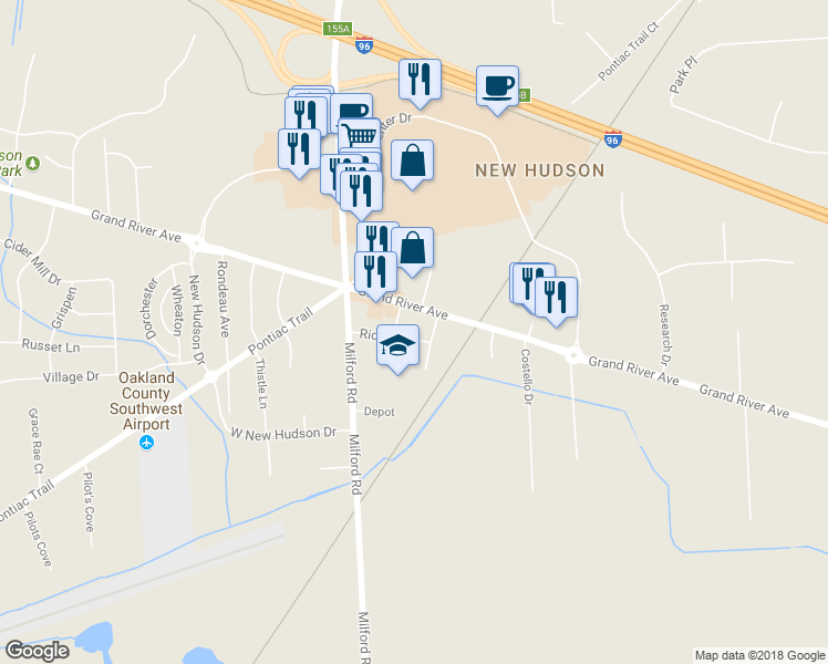 map of restaurants, bars, coffee shops, grocery stores, and more near 56744 Rice Street in Lyon Charter Township