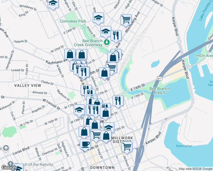 map of restaurants, bars, coffee shops, grocery stores, and more near 1789 Elm Street in Dubuque