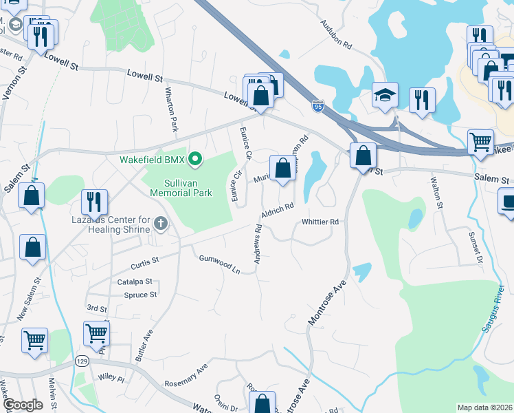 map of restaurants, bars, coffee shops, grocery stores, and more near 58 Aldrich Road in Wakefield