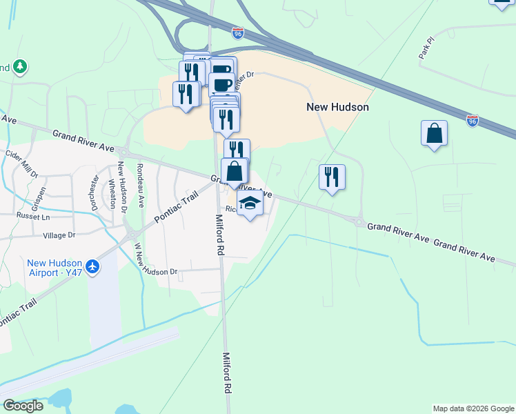 map of restaurants, bars, coffee shops, grocery stores, and more near 56744 Rice Street in Lyon Charter Township
