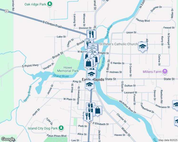 map of restaurants, bars, coffee shops, grocery stores, and more near Spicer Street in Eaton Rapids