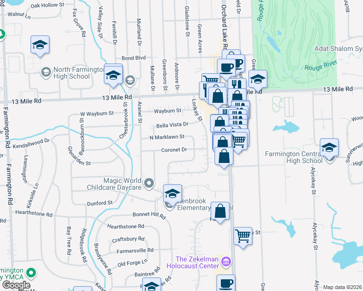 map of restaurants, bars, coffee shops, grocery stores, and more near 31796 Coronet Drive in Farmington Hills