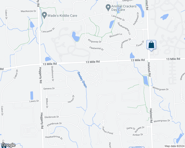 map of restaurants, bars, coffee shops, grocery stores, and more near 38621 Darbyshire in Farmington Hills