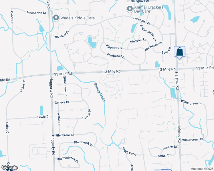 map of restaurants, bars, coffee shops, grocery stores, and more near 38621 Darbyshire in Farmington Hills