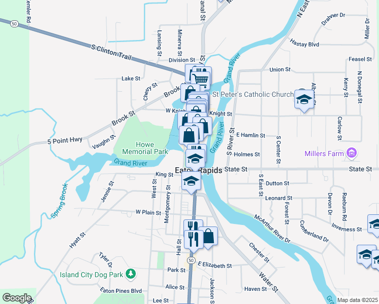 map of restaurants, bars, coffee shops, grocery stores, and more near Spicer Street in Eaton Rapids