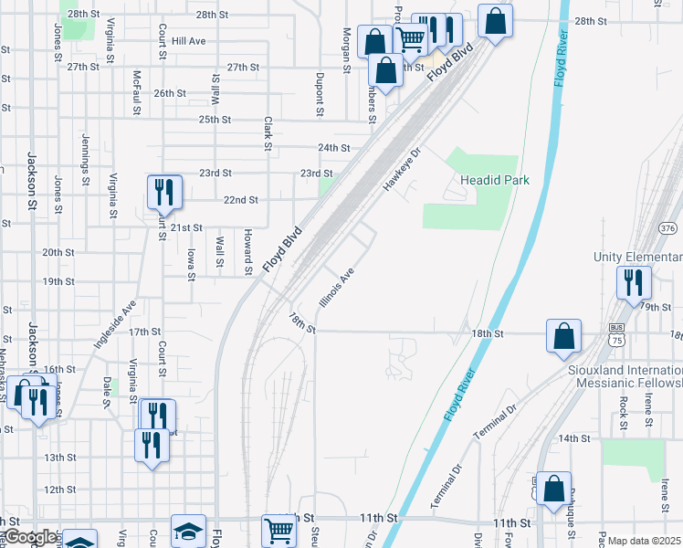 map of restaurants, bars, coffee shops, grocery stores, and more near 1901 Illinois Avenue in Sioux City
