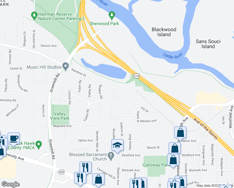 map of restaurants, bars, coffee shops, grocery stores, and more near 107-112 Periwinkle Way in Waterloo