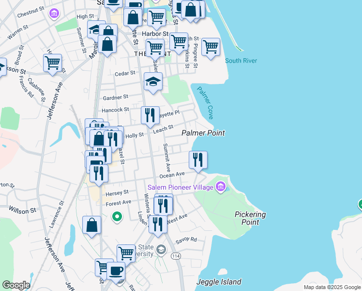 map of restaurants, bars, coffee shops, grocery stores, and more near 21 Willow Avenue in Salem