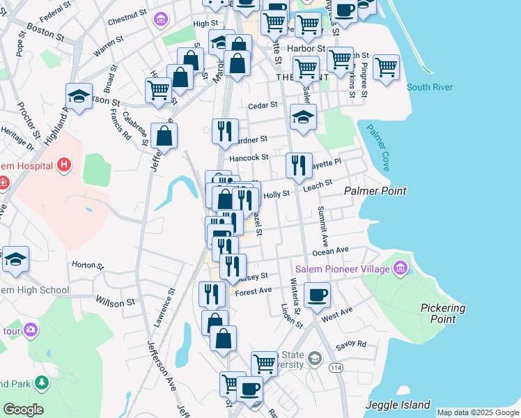 map of restaurants, bars, coffee shops, grocery stores, and more near 20 Hazel Street in Salem