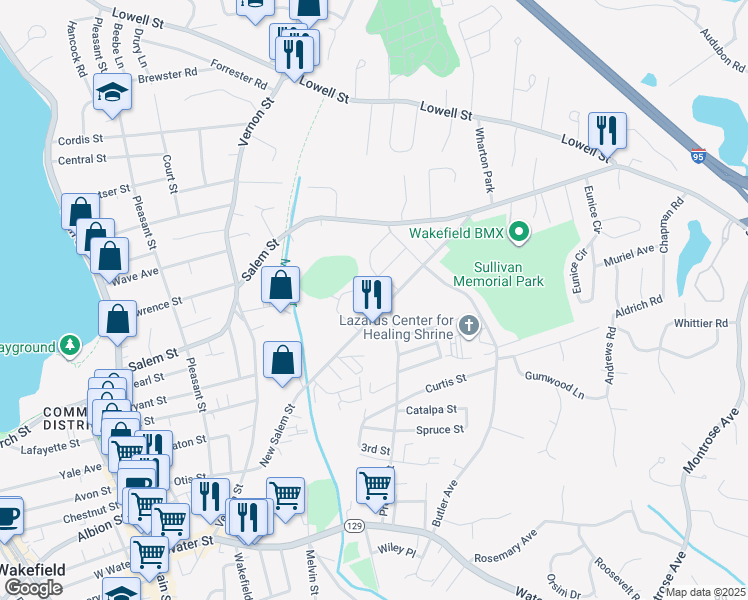 map of restaurants, bars, coffee shops, grocery stores, and more near 94 New Salem Street in Wakefield