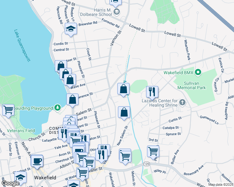 map of restaurants, bars, coffee shops, grocery stores, and more near 4 Fitch Court in Wakefield