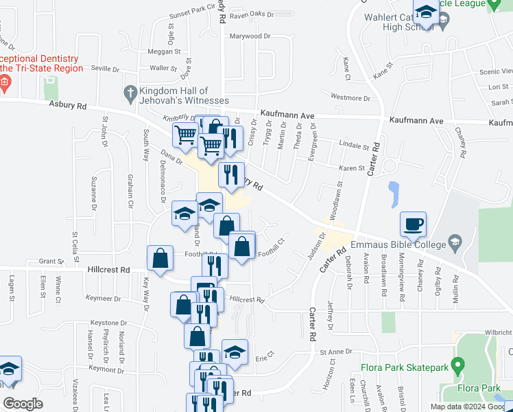 map of restaurants, bars, coffee shops, grocery stores, and more near 2302 Pasadena Drive in Dubuque