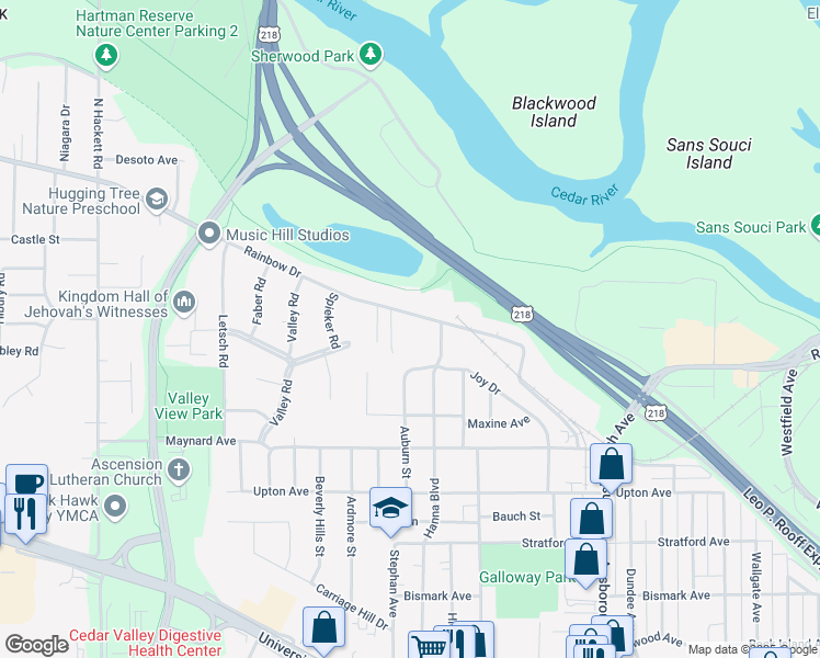 map of restaurants, bars, coffee shops, grocery stores, and more near 107-112 Periwinkle Way in Waterloo