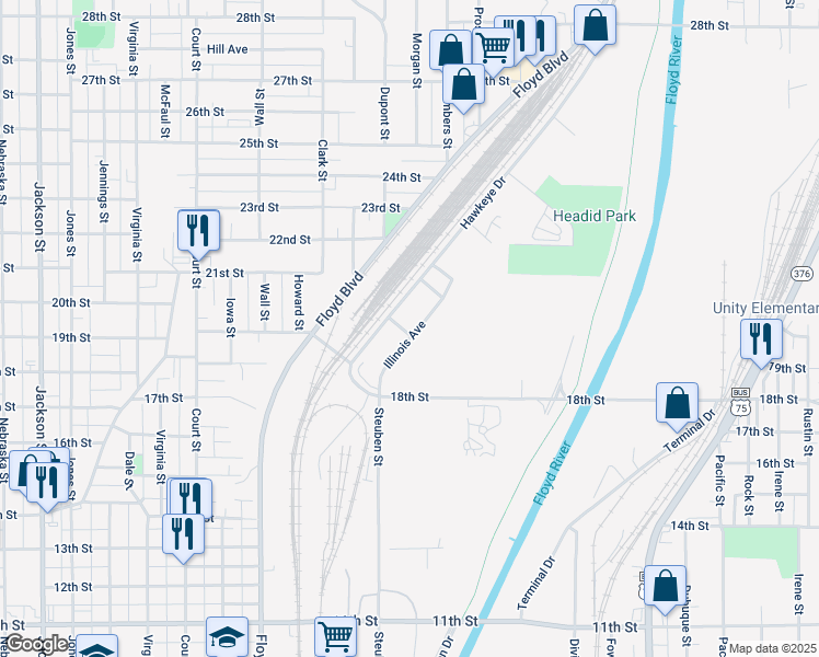 map of restaurants, bars, coffee shops, grocery stores, and more near 1901 Illinois Avenue in Sioux City