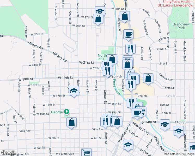 map of restaurants, bars, coffee shops, grocery stores, and more near 1815 Myrtle Street in Sioux City