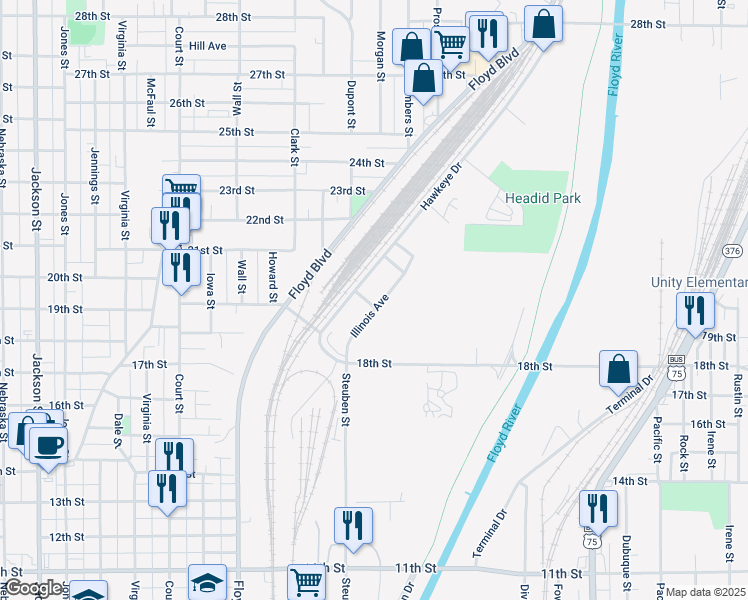 map of restaurants, bars, coffee shops, grocery stores, and more near 1901 Illinois Avenue in Sioux City