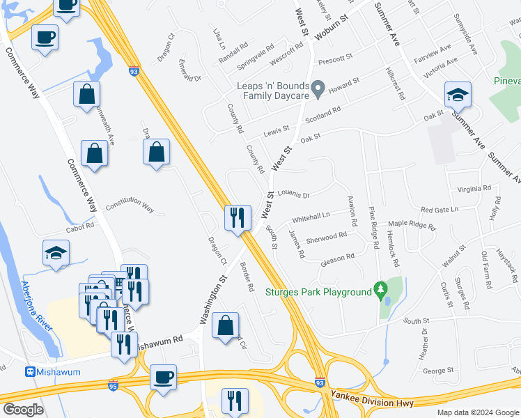 map of restaurants, bars, coffee shops, grocery stores, and more near 46 Archstone Circle in Reading