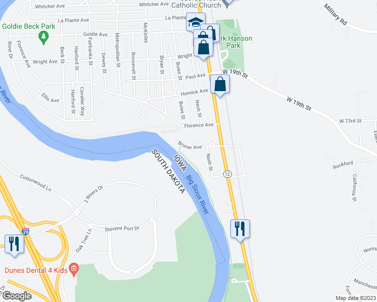 map of restaurants, bars, coffee shops, grocery stores, and more near 800 Bruner Avenue in Sioux City