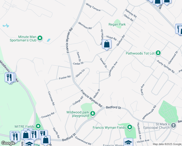 map of restaurants, bars, coffee shops, grocery stores, and more near 17 Gloria Circle in Burlington