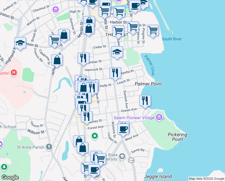 map of restaurants, bars, coffee shops, grocery stores, and more near 248 Lafayette Street in Salem