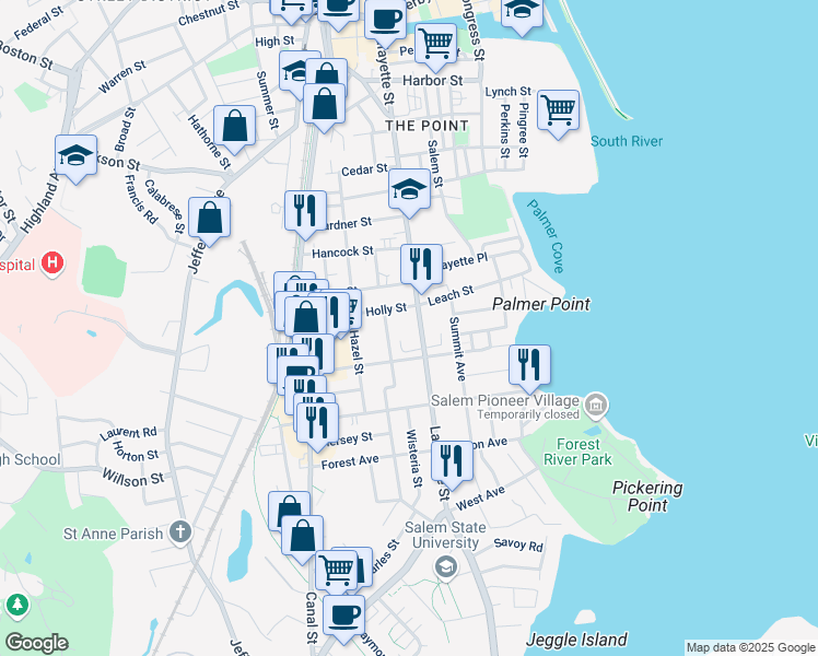 map of restaurants, bars, coffee shops, grocery stores, and more near 259 Lafayette Street in Salem