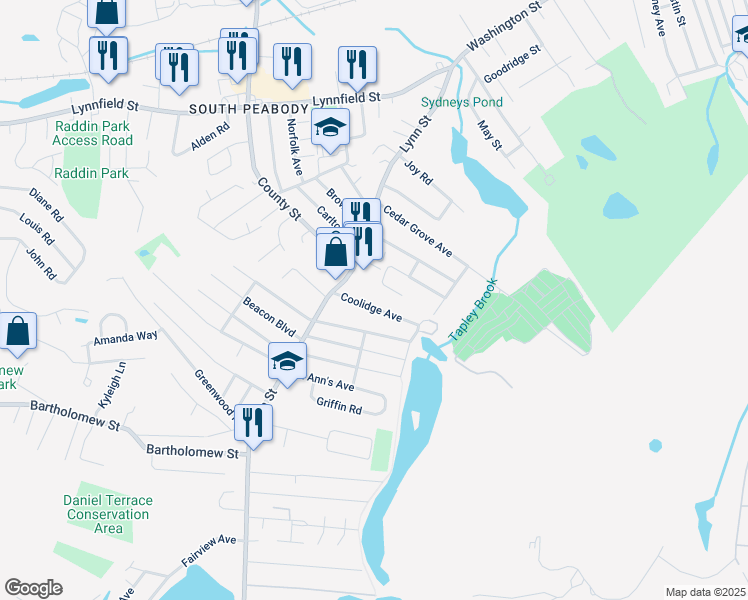 map of restaurants, bars, coffee shops, grocery stores, and more near 15 Coolidge Avenue in Peabody