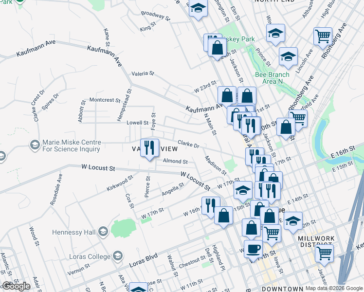 map of restaurants, bars, coffee shops, grocery stores, and more near 437 Almond St in Dubuque