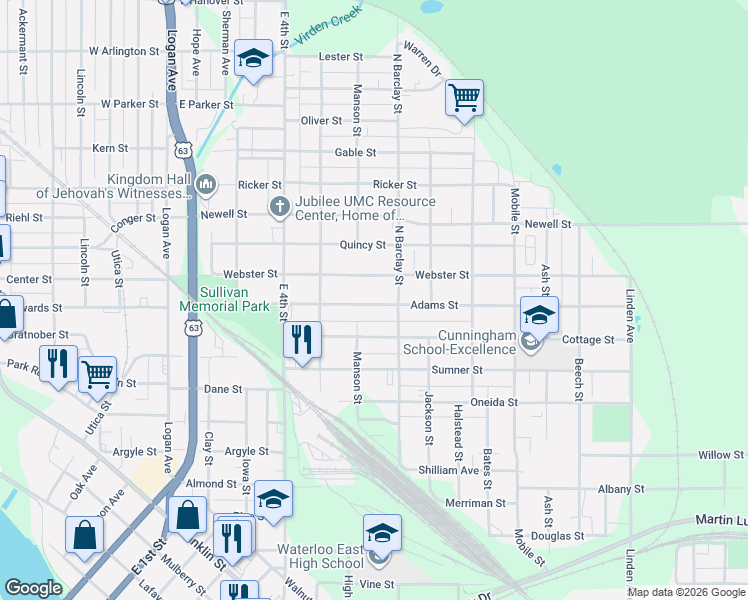 map of restaurants, bars, coffee shops, grocery stores, and more near 402 Adams Street in Waterloo