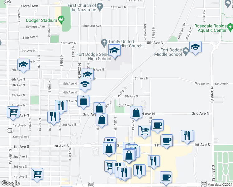 map of restaurants, bars, coffee shops, grocery stores, and more near 319 North 26th Place in Fort Dodge