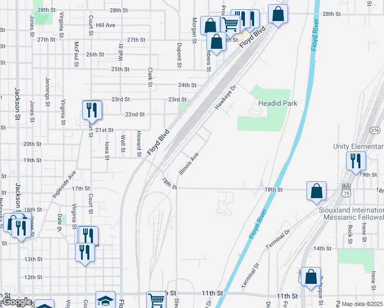 map of restaurants, bars, coffee shops, grocery stores, and more near 1901 Illinois Avenue in Sioux City