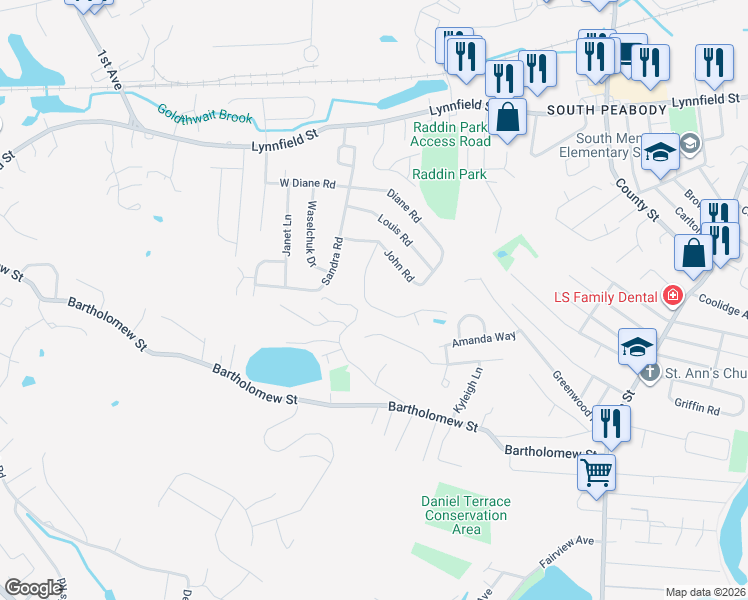 map of restaurants, bars, coffee shops, grocery stores, and more near 15 Tara Road in Peabody